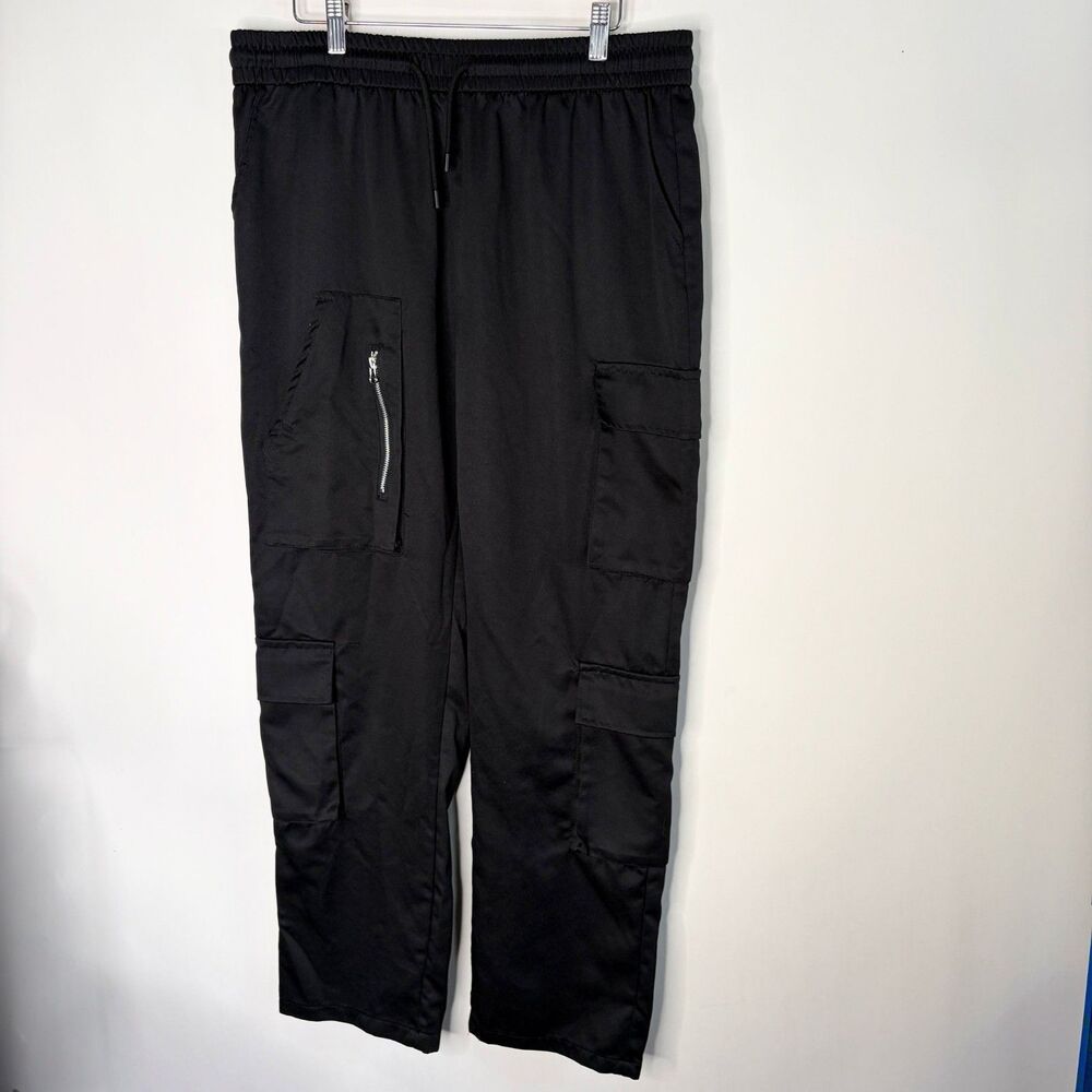Manfinity Cargo Pants Black Wide Pull On Faux Zipper Light Weight Y2K Unisex XL